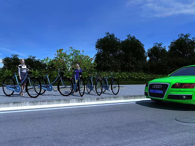 Roadside Bicycle Parking Facility With Parked Bikes Green Car Trees And People 3d model