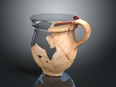 Broken Ancient Pottery Jar With Transparent Glass Sections Handle And Cracks 3d model