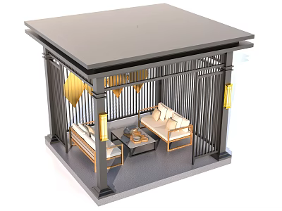 Garden Landscape Pavilion With Black Roof Latticed Enclosure Sofa Tea Table And Golden Decorative Lamps 3d model