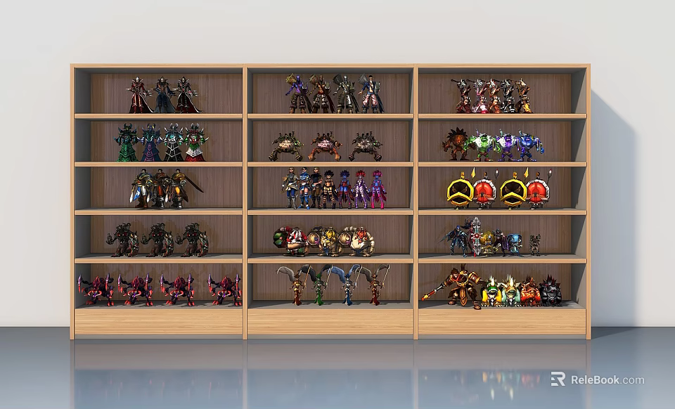 Wooden Display Cabinet With Hinged Door Showing Various Toy Models In Multiple Compartments 3d model 
