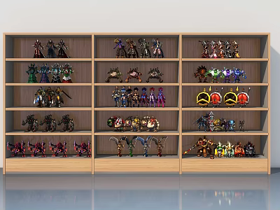 Wooden Display Cabinet With Hinged Door Showing Various Toy Models In Multiple Compartments 3d model