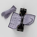 Black Handbag With Gold Metal Hardware And Light Purple Polka Dot Scarf Plus Gloves