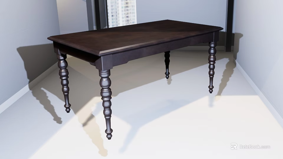 Dark Wooden Dining Table With Decorative Turned Legs In Bright Room With Natural Light 3d model 