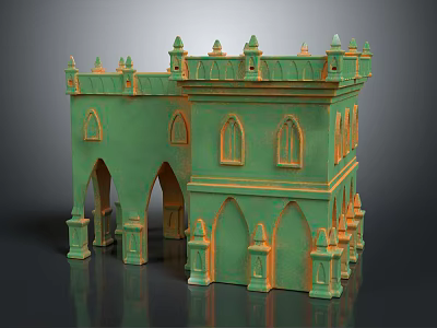 Green Gothic Castle Architectural Model With Spire Towers Arched Doors And Windows 3d model
