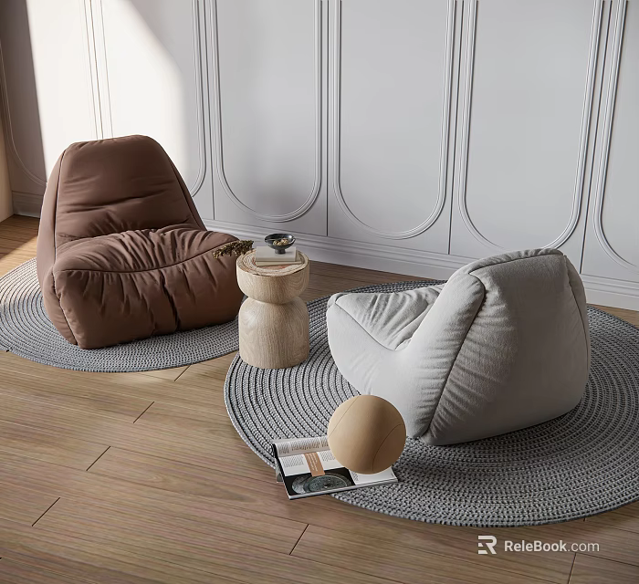 Brown and Beige Bean Bag Chairs on Knitted Rugs with Side Table and Decorative Ball 3d model 