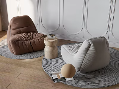Brown and Beige Bean Bag Chairs on Knitted Rugs with Side Table and Decorative Ball 3d model