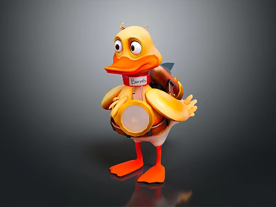 Yellow Cartoon Duck Character Standing With Orange Feet And Backpack Headlamp 3d model