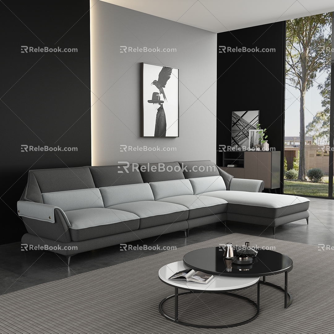 Bedroom Italian multi-person leather sofa chaise longue tea table combination 3d model