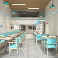 Modern Restaurant Interior With Blue Chairs Wooden Tables Hanging Lights And Wall Decor