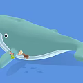 Cartoon Green Whale With White Striped Belly Small Fish And Duck On Light Blue Background
