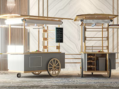 Commercial Outdoor Food Carts Featuring Wooden Metal Structure Awnings Wheels Menu Board And Storage Shelves 3d model