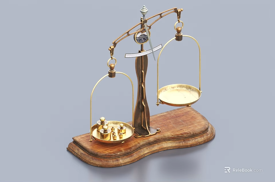 Decorative Brass Balance Scale With Wooden Base And Gold Trays For Home Decoration 3d model 