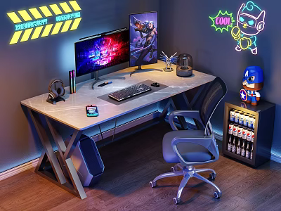 Gaming Desk Setup With Neon Lights Monitor Headphones And Decorative Figurine 3d model