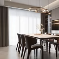 Modern Restaurant Interior With Long Dining Table Comfortable Chairs Hanging Pendant Lights And Sleek Cabinets