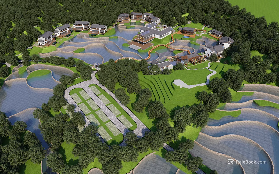 Ancient Architecture Surrounded by Water Areas Lush Green Spaces and Trees in Scenic Landscape 3d model 