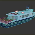 Modern Blue Wooden Boat With Upper Deck Large Windows And Shiny Exterior