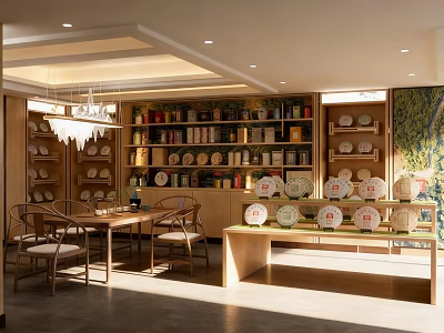 Traditional Tea Shop Interior With Wooden Shelves Displayed Tea Products Tables And Chairs 3d model