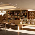 Traditional Tea Shop Interior With Wooden Shelves Displayed Tea Products Tables And Chairs