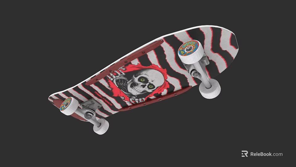 Stylish Skateboard with Zebra Pattern Skull Red Bandana and White Wheels 3d model 