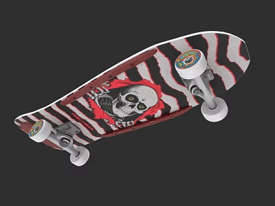 Stylish Skateboard with Zebra Pattern Skull Red Bandana and White Wheels 3d model