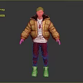 Game Movie Character With Purple Hair Golden Puffer Jacket Red Pants And White Shoes