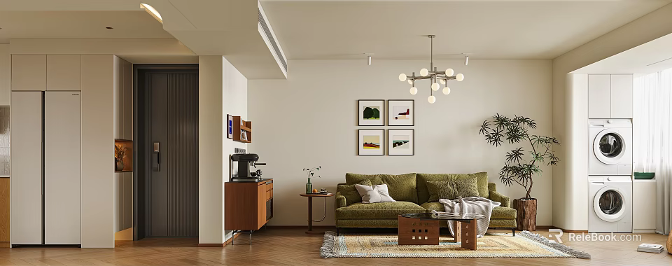Warm Mid Century Style Living Dining Room With Comfortable Green Sofa And Elegant Wall Decorations 3d model 