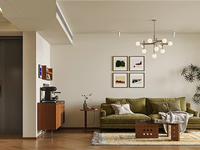 Warm Mid Century Style Living Dining Room With Comfortable Green Sofa And Elegant Wall Decorations 3d model
