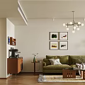 Warm Mid Century Style Living Dining Room With Comfortable Green Sofa And Elegant Wall Decorations
