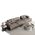 Brown Leather Three Seater Sofa in Modern Living Room with Coffee Table and Lamp