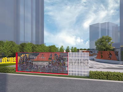 Urban Public Space With Red Fence Yellow Sign Tall Buildings Trees And White Grid Structure 3d model