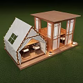 Wooden Cabin with Tent Style Roof Open Design Tables Chairs Light Decorations on Green Lawn