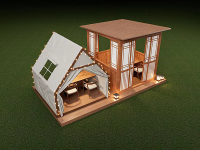 Wooden Cabin with Tent Style Roof Open Design Tables Chairs Light Decorations on Green Lawn 3d model