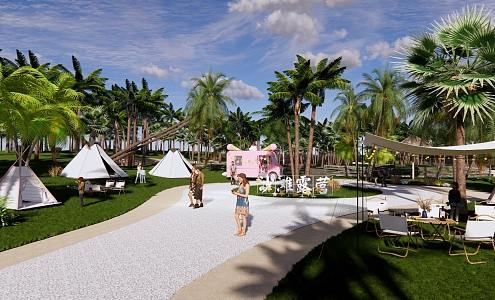 Modern Camping Outdoor Beach Camping Park Landscape Cyber Celebrity Tent Camp Island Beach Coconut Tree Seaside RV Camping 3d model