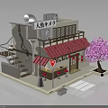 Japanese Style Snack Shop Building With Red Tiled Roof Pink Cherry Blossom Tree And Staircase