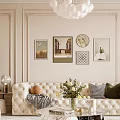 Luxurious Living Room Interior With Tufted Sofa Green Accent Chair Spherical Chandelier And Wall Art