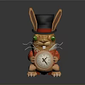 Mechanical Rabbit Figure With Black Top Hat Green Eyes Red Outfit Holding Clock