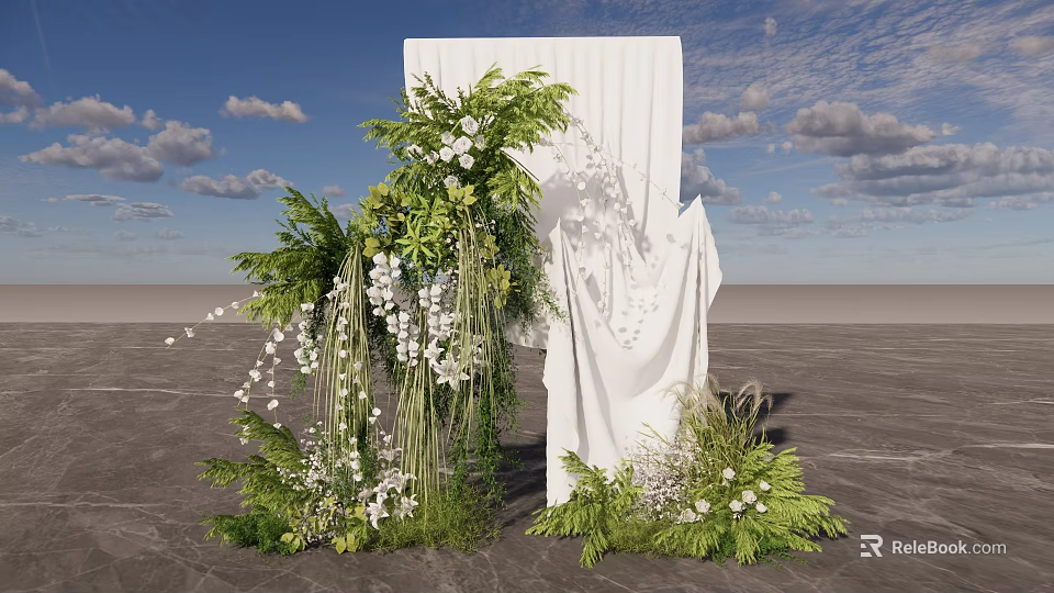 Floral Decor Installation With White Drapery Green Foliage And Hanging White Flowers For Event Backdrop 3d model 