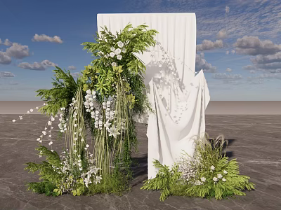 Floral Decor Installation With White Drapery Green Foliage And Hanging White Flowers For Event Backdrop 3d model
