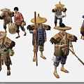 Traditional Farmer Characters Wearing Straw Hats With Tools And Carrying Baskets