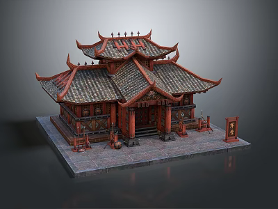Cartoon Style Chinese Traditional Building Scene With Red Curved Eaves Tiled Roof And Front Plaque 3d model