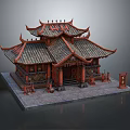 Cartoon Style Chinese Traditional Building Scene With Red Curved Eaves Tiled Roof And Front Plaque