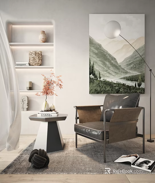 Elegant Leather Armchair With Floor Lamp Landscape Painting And Decorative Side Table 3d model 