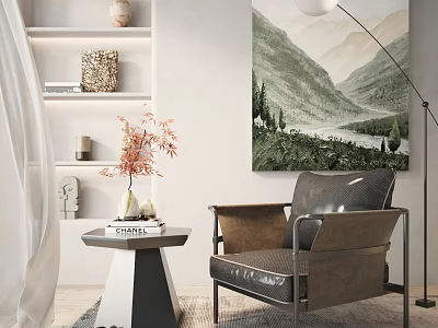 Elegant Leather Armchair With Floor Lamp Landscape Painting And Decorative Side Table 3d model