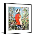 Portrait Art of Man in Red Shirt White Hat with Colorful Flowers Green Plants