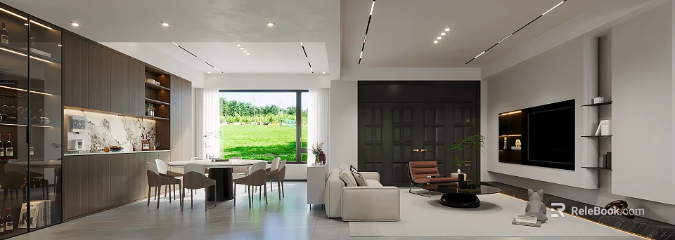 Modern Dining Living Room Interior With Sofa Dining Table And Large Window View 3d model 