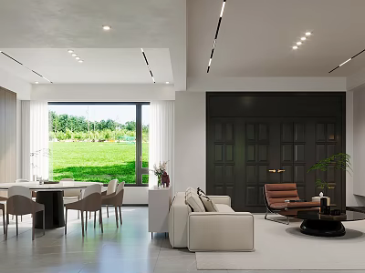 Modern Dining Living Room Interior With Sofa Dining Table And Large Window View 3d model