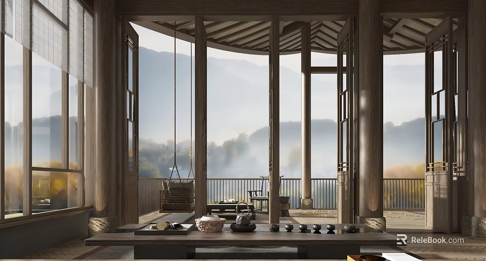 Traditional Tea House Interior With Wooden Structure Large Windows And Misty Mountain View 3d model 