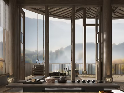 Traditional Tea House Interior With Wooden Structure Large Windows And Misty Mountain View 3d model