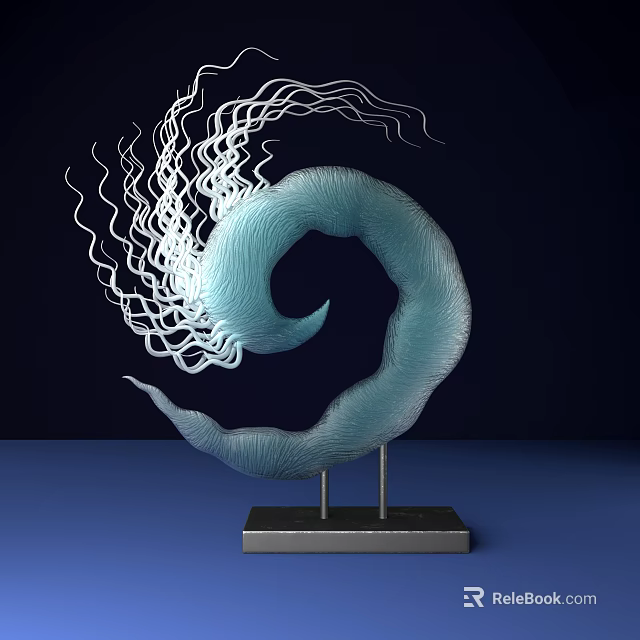 Blue Spiral Sculpture With White Thread like Decorations On Black Square Base With Metal Stands 3d model 