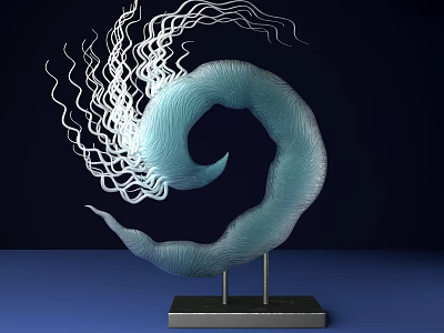 Blue Spiral Sculpture With White Thread like Decorations On Black Square Base With Metal Stands 3d model